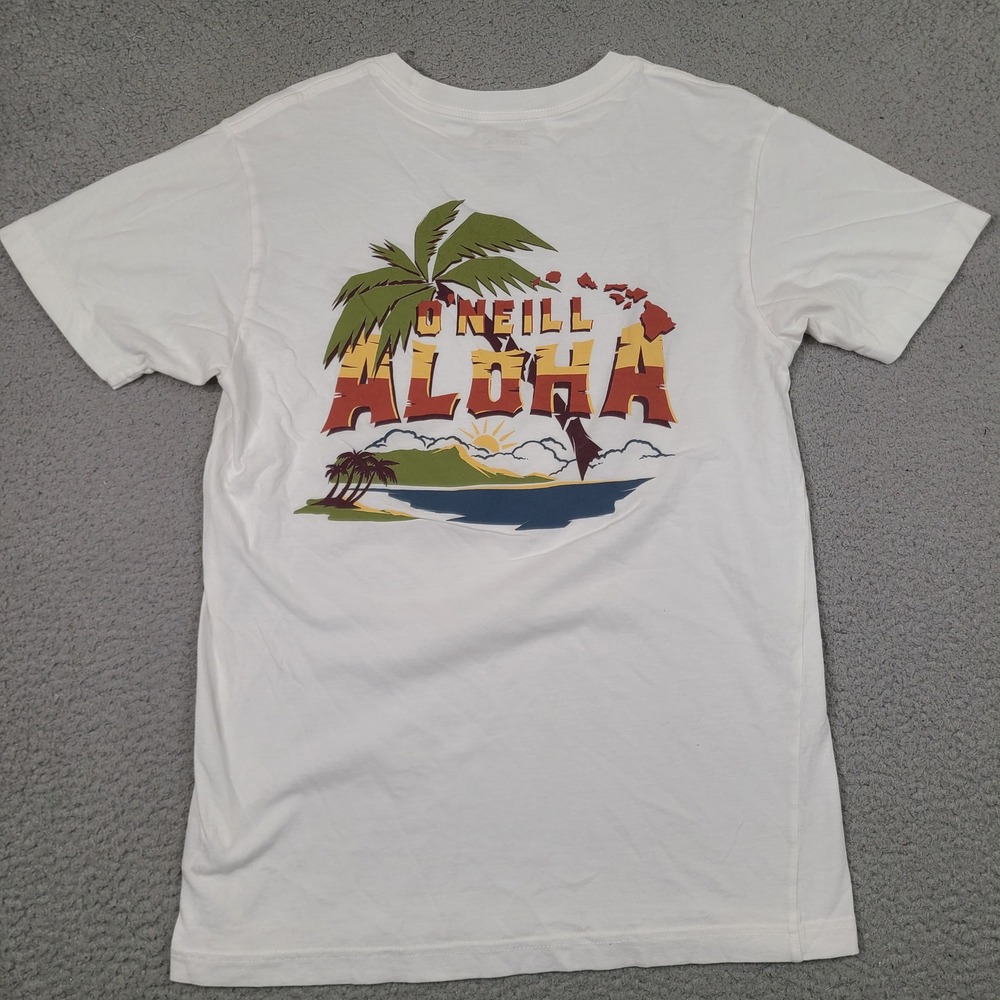 O'Neill Aloha Hawaii Graphic T-Shirt Mens Small White‎ Cotton Surf Short Sleeve